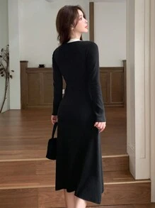 DAZY 女款對比領抽繩針織洋裝，秋季女裝保暖內裡婚禮賓客洋裝 - 黑色 - 查看 5