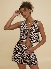 Travachic Woven High Waist Leopard Print Wide Leg Shorts For Women - Brown - View 6