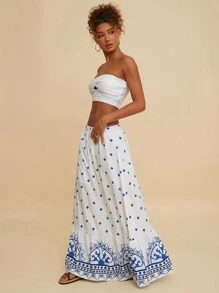 Travachic 2 piezas Conjunto de top corto de punto y falda de cintura alta de unicolor para mujer, ideal para vacaciones