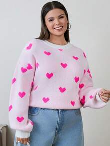RueChic HAIRY YARN HEART PATTERN PLUS SIZE SWEATER - Hot Pink - View 3