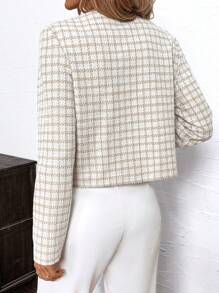 SHEIN Clasi Damen Aprikot karierte Jacke ohne Kragen mit Metall-Knöpfen und Farbblöcken, Langarm, Oversized Schnitt, geeignet für elegante Mode im Herbst und Winter, für den Alltag und den Weg zur Arbeit - Verschiedenfarbig - Übersicht 2