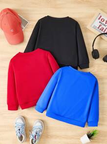 SHEIN Leap Crew Bộ 3 chiếc/bộ áo nỉ cổ tròn tay dài in họa tiết siêu anh hùng giản dị cho bé trai ấm áp, thoải mái, màu đen, đỏ, xanh, thích hợp mặc khi trở lại trường, sinh nhật, tiệc chào đón em bé, tiệc ngày lễ, mùa thu/đông, mua 1 tặng 2 - Nhiều màu - Xem 5