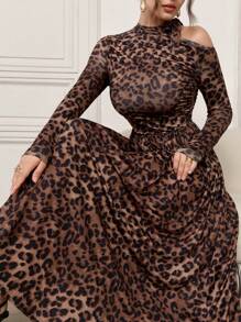 Modelyn 女士动物豹纹镂空不对称领口长袖连衣裙超长女士装长款晚礼服