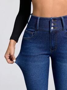 Jeans skinny avec poche de couleur unie pour femmes