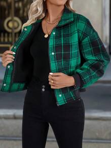 SHEIN LUNE 女士格子印花长袖夹克 - 綠色 - 查看 5