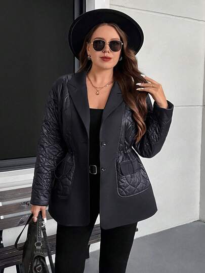 SHEIN LUNE Plus Size Women Winter Long Coat With Drawstring Waist, Black Add Feece To Thicken Winter Coat Thickened Jacket & Parkas Packable Lightweight Full-Zip Jacket Long-Sleeve Water-Resistant Jacket Holiday Outfit