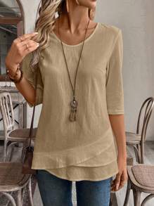 EMERY ROSE Fall Women Clothes Crew Neck Long Sleeve Floral All-Over Print Casual Top - Khaki - View 4