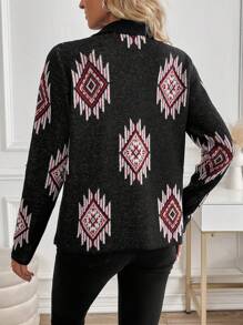 SHEIN LUNE Women's Jacquard Rhombus Pattern Casual Cardigan - Black - View 2