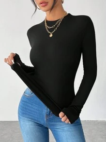SHEIN PETITE Half Turtleneck, Small Turtleneck, High Elastic Knitted Thermal Lined Composite Velvet Long-Sleeved Women's T-Shirt, Suitable For Keeping Warm In Autumn And Winter.