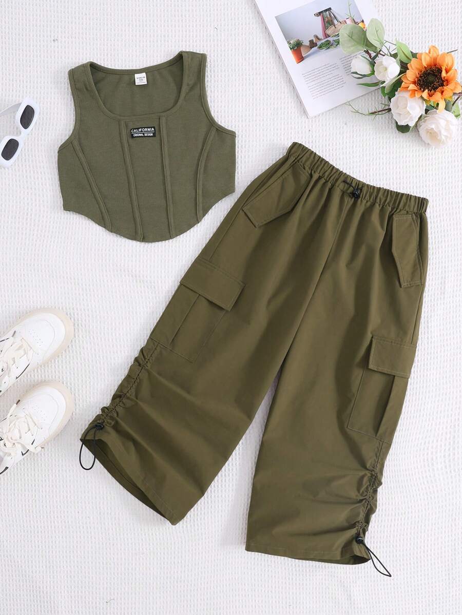 SHEIN Tween Girl's Casual Round Neck Tank Top & Asymmetrical Hem Cargo Pants Set