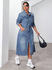 Plus Size Women's Long Sleeve Split Hem Casual Denim Dress, Spring/Summer - Medium Wash - View 5