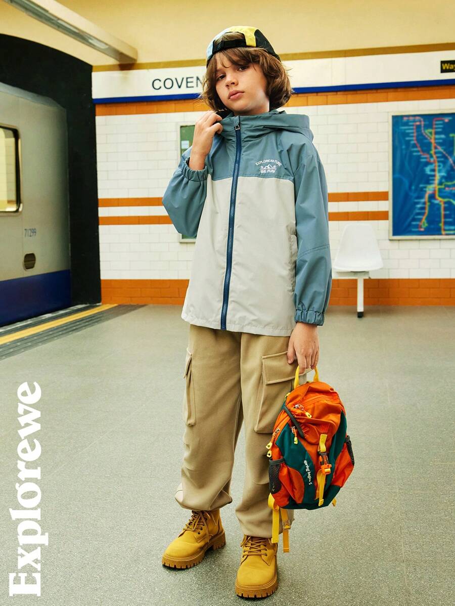 SHEIN Outdoor Casual Style Multi-Color Patchwork Design Wind-Resistant Warm Jacket, Suitable For Outdoor Activities, Play And Leisure