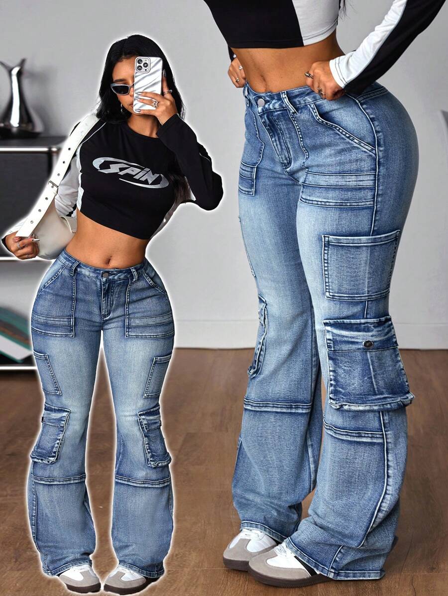 SHEIN ICON 女士纽扣装饰休闲牛仔裤腰带 - 藍色 - 查看 1