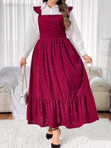 SHEIN Unity Plus Size Women's Summer Polka Dot Print Patchwork Ruffle Hem Long Strap Dress - Burgundy - View 5
