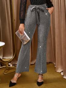 SHEIN Clasi Women's Elegant Party Metallic Thread High Waist Belted Flare Leg Pants Hollowed Costumes - Silver - View 5