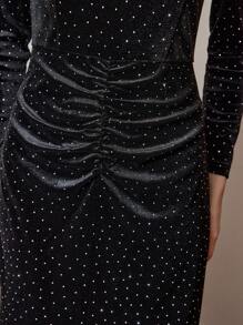 MOTF PREMIUM VELVET SQUARE NECK RUCHED FRONT RHINESTONE MIDI DRESS WITHOUT BELT - Black - View 3