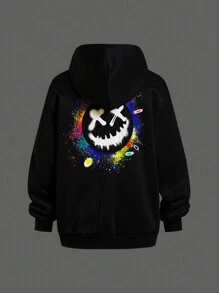 2pcs Tween Boys Casual Korean Style Graphic Print Hoodie Cardigan Jacket And Crossbody Bag Set,In Fall/Winter