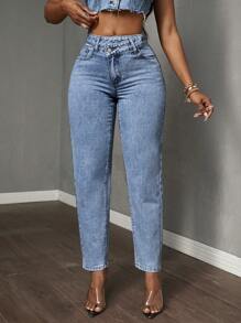 Slaydiva Jeans rectos con pernera entallada, parche de bolsillo y cintura asimétrica para mujeres