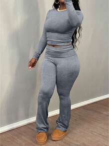 Women Casual Versatile Long Sleeve T-Shirt And Pants Set - 灰色 - 查看 4