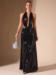 SHEIN BAE Autumn/Winter Sequin Embellished Glamorous Sexy Women's Long Mermaid Skirt, Suitable For Nightclub, Party, Graduation, Birthday Gathering, Halloween Outfits