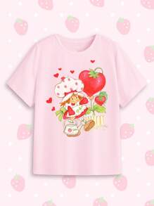 Strawberry Shortcake X SHEIN Summer, Strawberry Girl Pattern, Love Pattern, Pink Casual Round Neck Fitted T-Shirt - Baby Pink - View 1