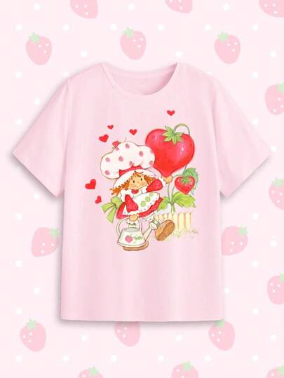 Strawberry Shortcake X SHEIN Summer, Strawberry Girl Pattern, Love Pattern, Pink Casual Round Neck Fitted T-Shirt