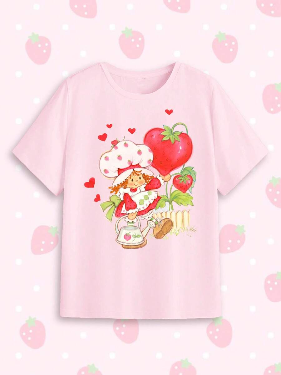 Strawberry Shortcake X SHEIN Summer, Strawberry Girl Pattern, Love Pattern, Pink Casual Round Neck Fitted T-Shirt - Baby Pink - View 1