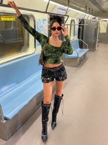 Livia Canto Studio 艺术家 Y2K、街头服饰、休闲、动物印花、斑马印花长袖修身女士衬衫、节日、感恩节 - 彩色 - 查看 6