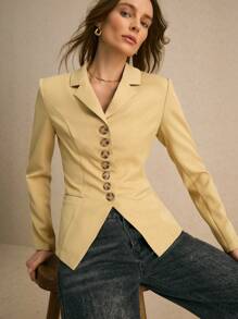 Poéselle 鹅黄色驳领单排扣长袖优雅西装外套，秋季，秋季女装，立体剪裁，收腰设计，舒适面料，时尚色彩，老钱风格，Siren Office，适合日常街头通勤穿着，FW24秋冬系列 - 芥末黃 - 查看 6