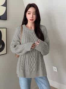 DAZY Casual Loose Fit Solid Color Drop Shoulder Sweater, Autumn/Winter - Grey - View 5