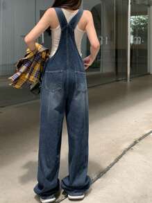 DAZY 女式纯色口袋休闲无袖牛仔连体裤 - 深色水洗藍 - 查看 7