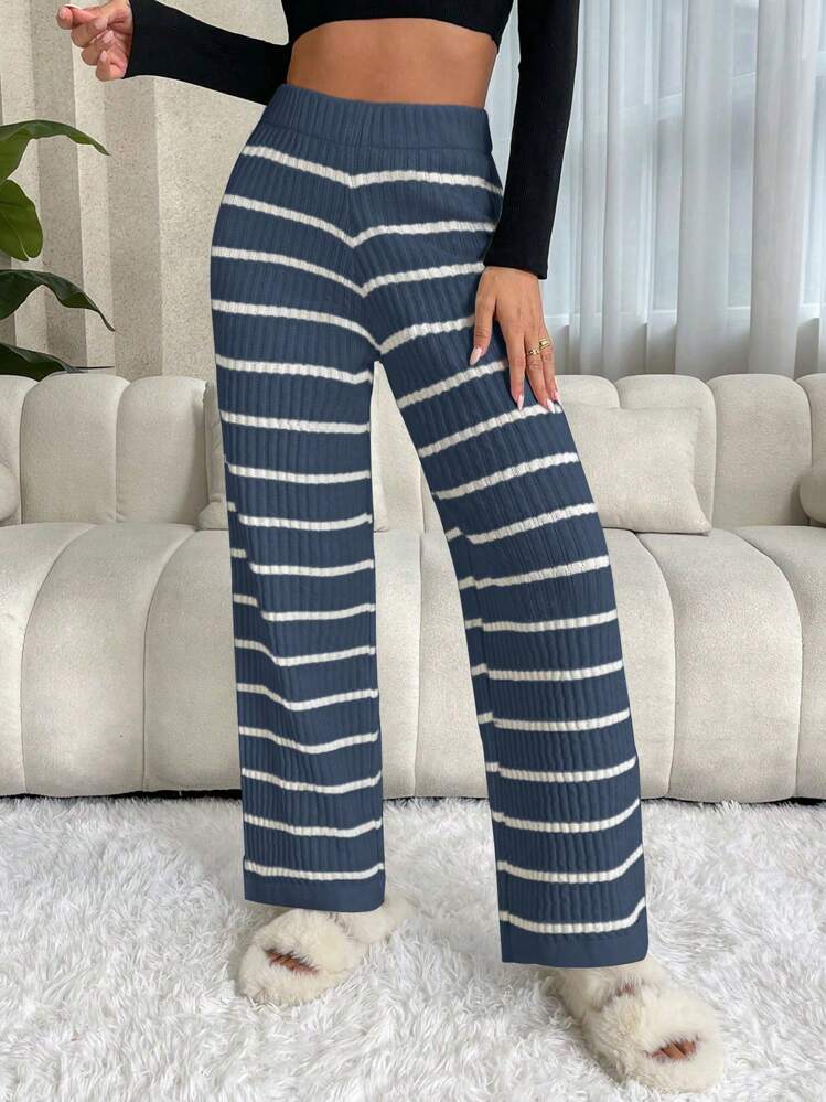 Chiquease Women High Waist Striped Straight Loose Knit Sweater Pants
