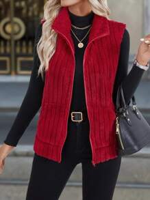 EMERY ROSE Women's Winter Solid Color Zip Closure Casual Vest Jacket For New Year Clothes, Christmas - Red - View 3