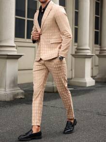 Manfinity Mode Men's Plaid Print Single-Breasted Long Sleeve Suit Jacket And Pocket Trousers 2-Piece Suit Set - Khaki - View 3