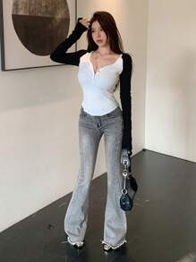 DAZY 女式拼色圆领毛衣，秋装 - 白色 - 查看 2