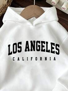 SHEIN Los Angeles, Califórnia, Moletom infantil masculino casual com estampa de desenho animado simples, modelagem folgada e tecido grosso, ideal para outono e inverno. - Branco - Ver 2