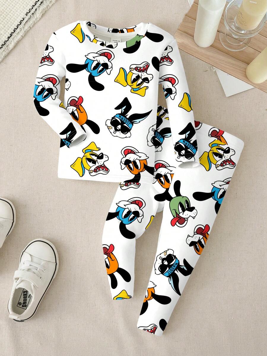 SHEIN 年轻男孩简约卡通印花紧身圆领长袖上衣和长裤厚家居服套装，适合秋冬季 - 彩色 - 查看 1