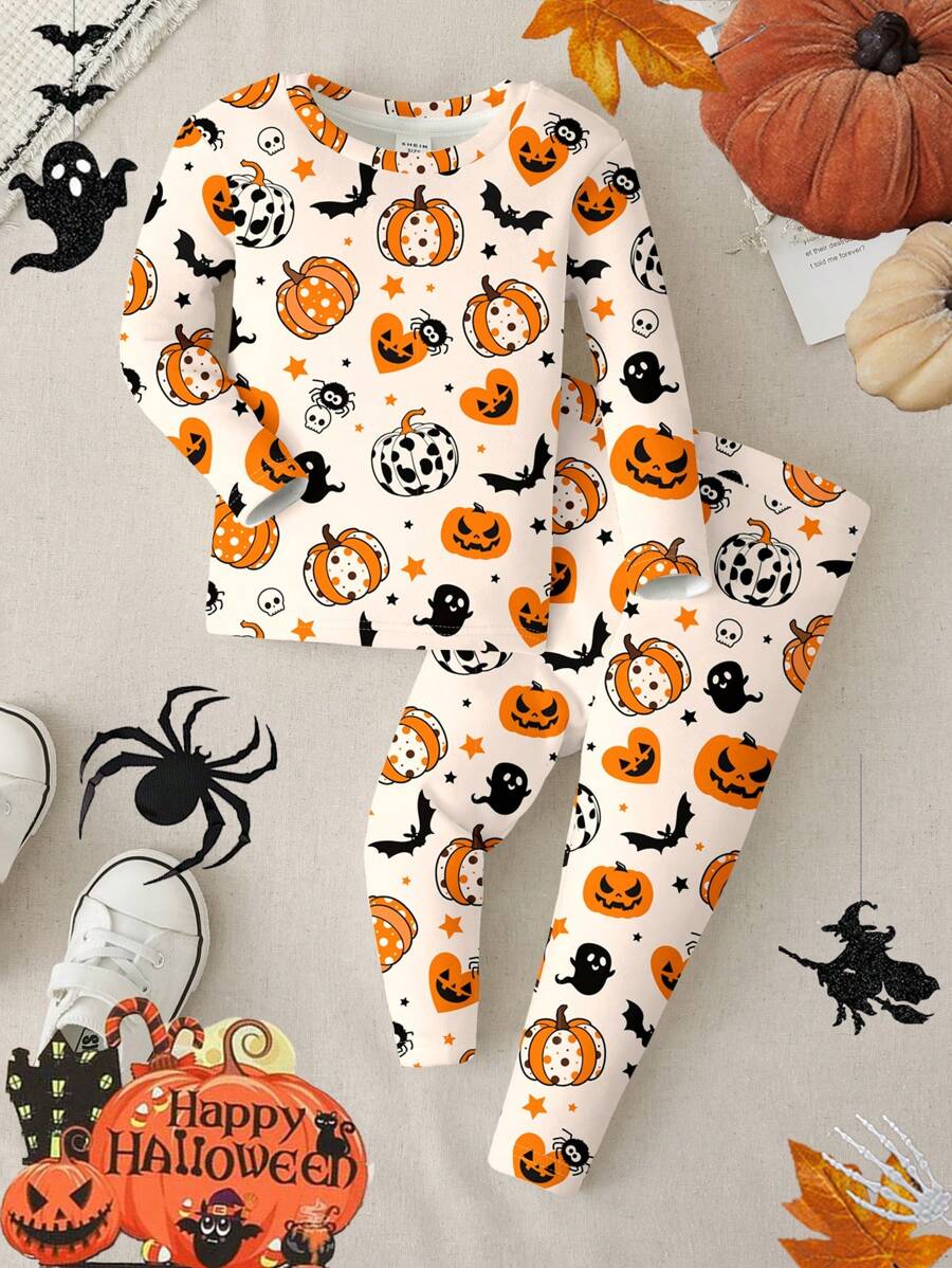 SHEIN Young Boy Snug Fit Casual Simple Halloween Pumpkin & Ghost Pattern Print Thermal Lined Long Sleeve Top And Long Pants Pajama Loungewear For Fall/Winter