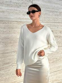SHEIN Cottnline Pulover pulover elegant, cu gât rotund, cu dantelă la spate - alb - Vizualizare 6