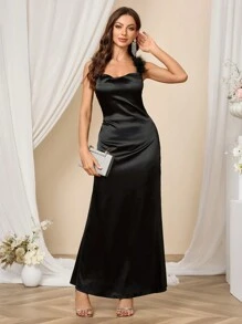 SHEIN Belle Shein Belle Women's Ball Solid Color Off-Shoulder Evening Dress, Shoulder Straps Are Sewn With Fur Strips, Comfortable, Simple And Fashionable, Elegant Prom Semi Formal Dress, For Birthday, Wedding Guest, Graduation Homecoming