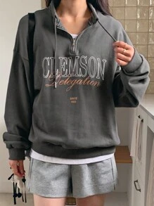 DAZY Women's Mock Neck Half-Zip Letter Print Sweatshirt,Fall Clothes Hoodie - Grey - View 3