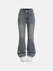 SHEIN Jeans acampanados con cintura elástica, lavado oscuro vintage bohemio urbano, con bolsillos planos, para niña preadolescente. Conjunto de vestimenta diaria