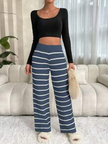 Chiquease Women High Waist Striped Straight Loose Knit Sweater Pants