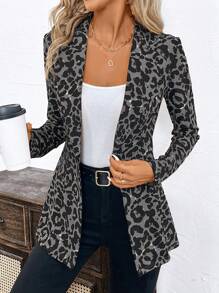 SHEIN Clasi Áo khoác blazer tay dài họa tiết da báo cài một hàng khuy dành cho nữ vào mùa thu/đông - Xám - Xem 3