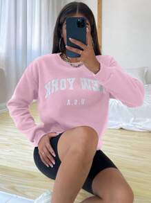 Flirla Women's Casual Letter Print Drop Shoulder Round Neck Sweatshirt, Spring/Autumn