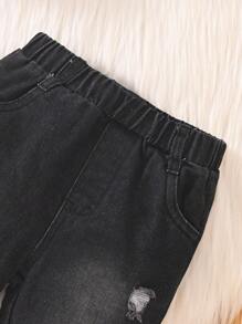 男婴格子印花连帽衫，正面有纽扣，做旧长裤休闲套装 - 紅色 - 查看 5