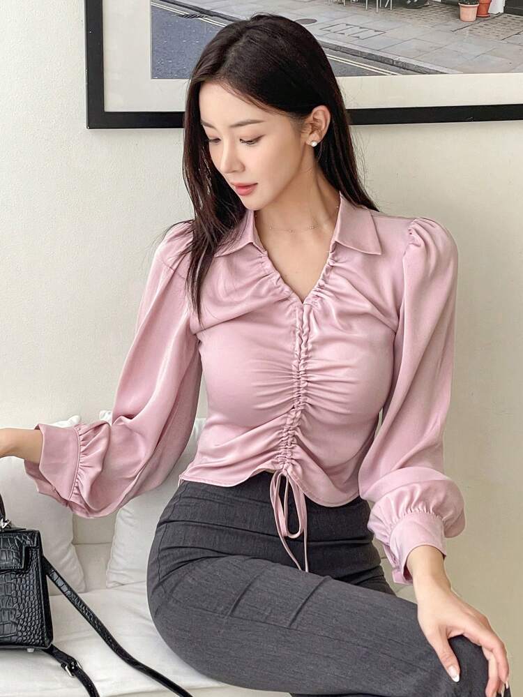 Women's Solid Color Pleated Cuff Long Sleeve Casual Blouse,Fall Clothes
