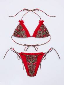Musera Resort 樱桃豹纹缎带比基尼上衣，夏季海滩度假伊比沙岛假日Y2k。性感泳装图案春季节日 - 紅色 - 查看 4