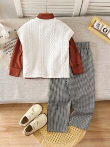 3pcs Young Girl Autumn Career Day Back-To-School Fashion Vintage Korean Style Knit Argyle Vest,Solid Color Rib Sweater&Black White Plaid Pants Suit - Multicolor - View 2