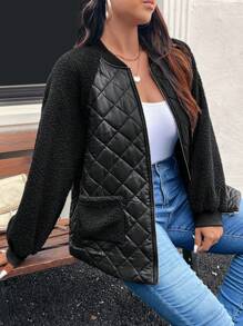 SHEIN LUNE Plus Size Baseball Jacket Style Raglan Sleeve Quilted Shearling Patchwork With Pockets, Padded Coat Winter Clothes